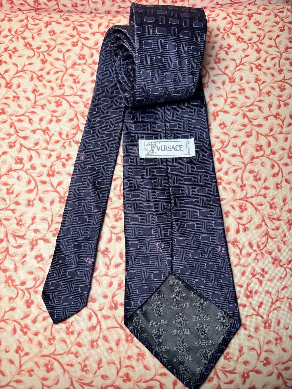 Versace Blue Geometric Jacquard Tie with Medusa Lavender Accents